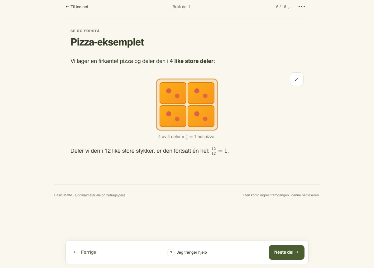 Den nye leksjonsflaten med en samlet forklaring og tydelig knapp til neste steg.