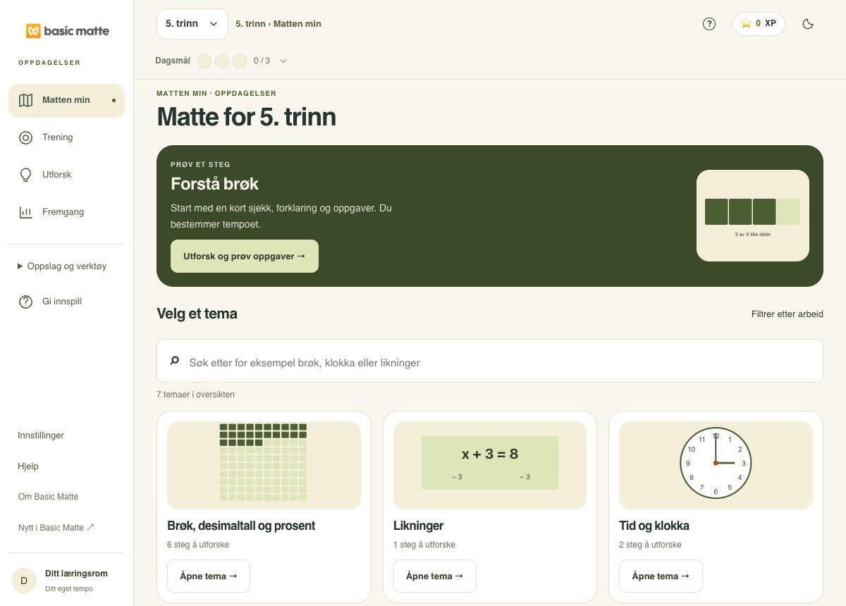 Temaoversikten med matematiske bilder og veier inn til forklaring og øving.